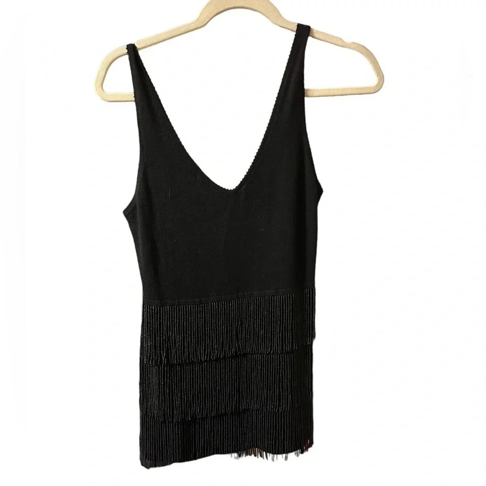 ESCADA SPORT BLACK BEADED FRINGE SILK KNIT TOP